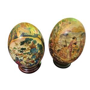 Large Vintage Satsuma-Style Decorative Egg with Wooden Stand (SET)